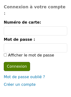 Section 'Connexion à votre compte' sur la page d'accueil de l'OPAC, affichant les champs de saisie du numéro de carte et du mot de passe. Sous le bouton de connexion se trouvent deux liens : 'Mot de passe oublié ?' et 'Cliquez ici pour vous créer un compte'.
