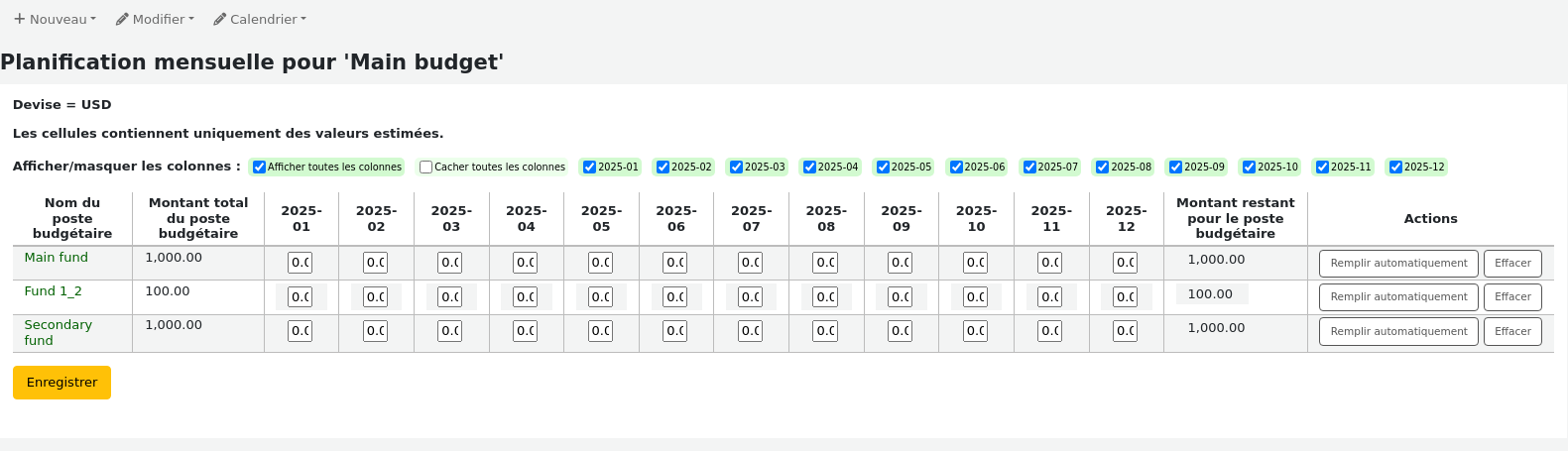 Table for planning fund spending by months, rows are funds, columns are the total amount for the fund, followed by a column for each month, and a column with the remaining amount in the fund. Each row has two action buttons: Auto-fill row, and Clear.