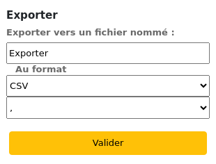 The Export options for the budget planning, the fields are Output to a file named (set to Export by default), Into an application (set to CSV by default) and an unnamed field for the CSV separator (set to a comma by default).
