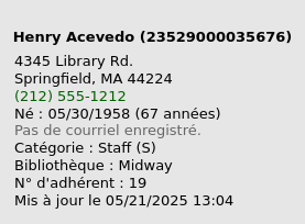 The brief display of patron information on the left of the patron file, it has an extra line with Employee #