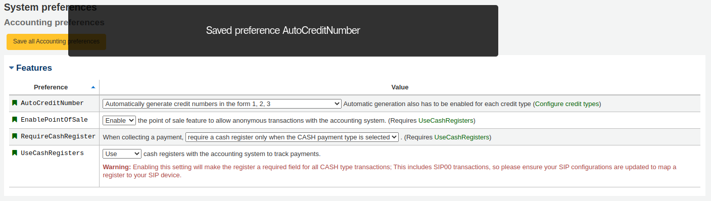 Screenshot delle preferenze di sistema della sezione Accounting. C'è un messaggio in sovraimpressione che dice 'Salvata la preferenza AutoCreditNumber '.