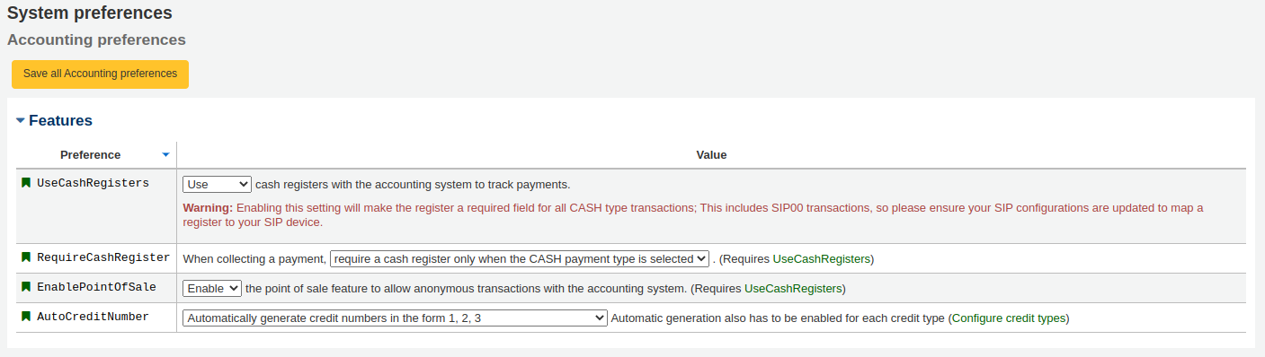 Screenshot delle preferenze di sistema della sezione Accounting. Le preferenze sono in ordine alfabetico inverso.
